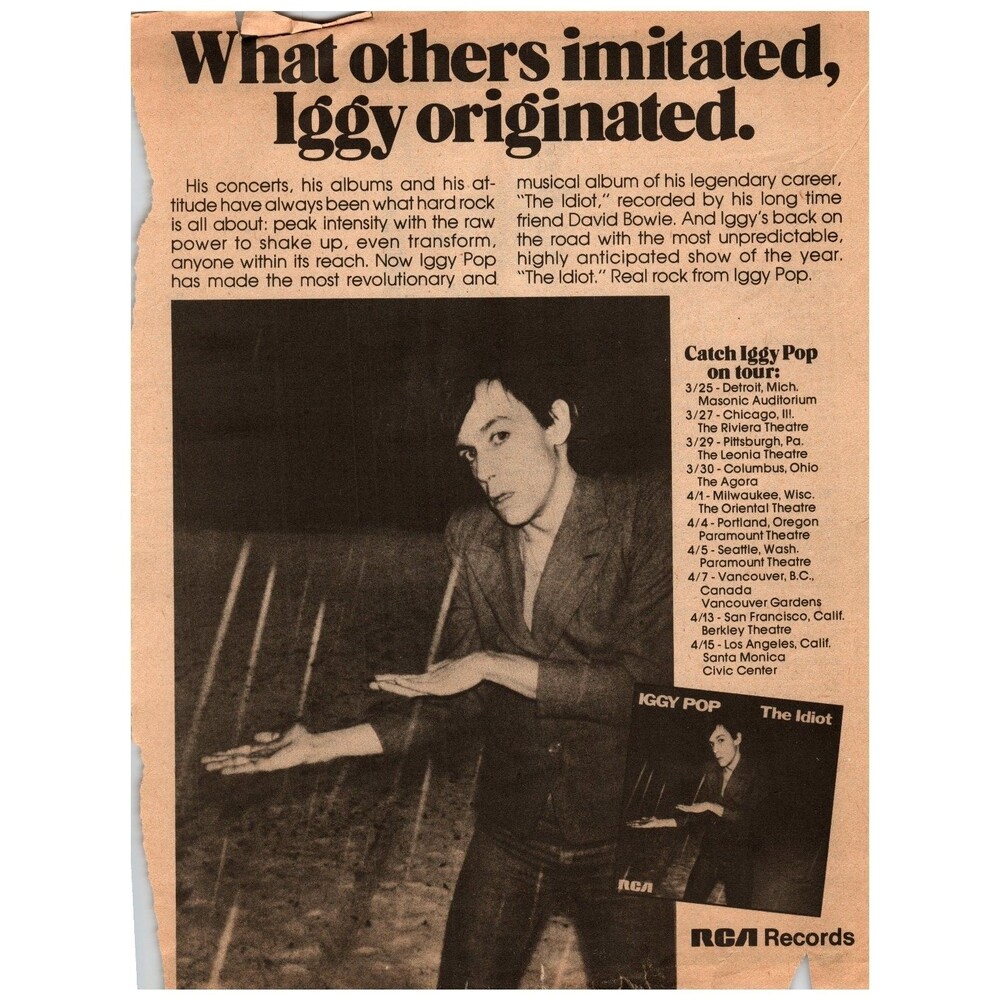 Iggy Pop The Idiot RCA Records 1977 Magazine Ad David Bowie Tour Dates CREEM